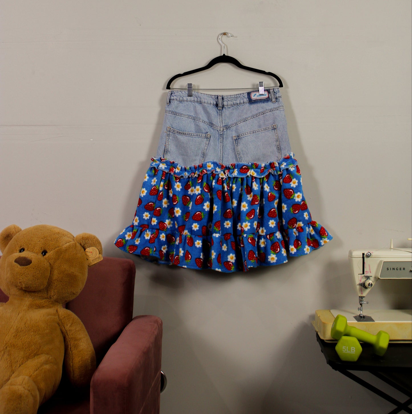 "Miss Shortcake" Upcycled Denim Yolk Strawberry Skirt