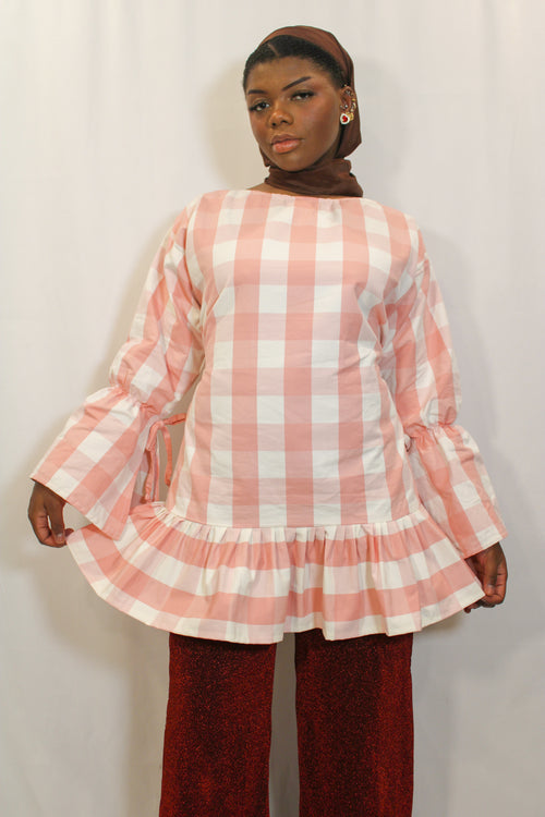 "Joyce" Pink Gingham X-Long Top - HAWWAA Studios