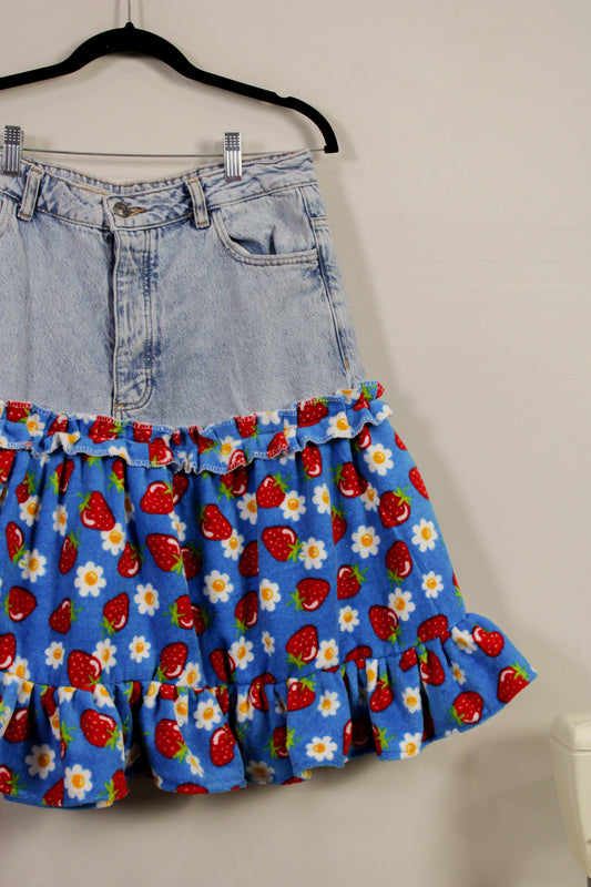 "Miss Shortcake" Upcycled Denim Yolk Strawberry Skirt