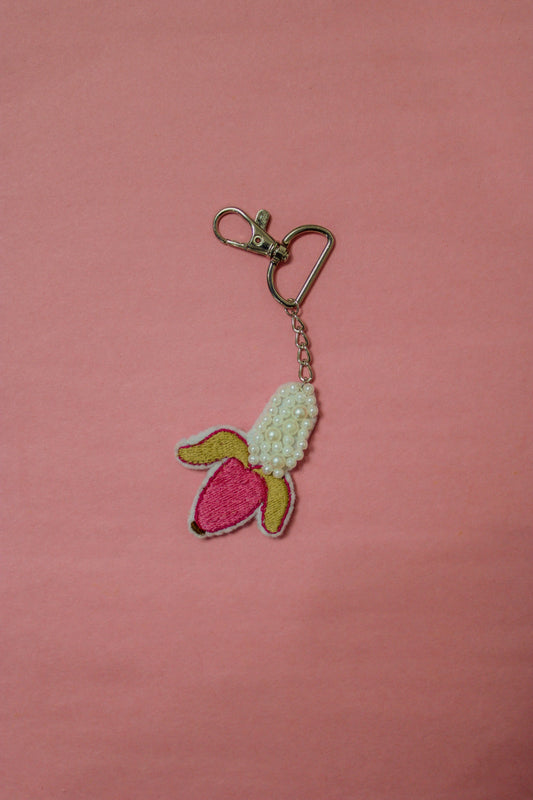 Embroidered Beaded Pearl Pink Banana Studio Bag Charm