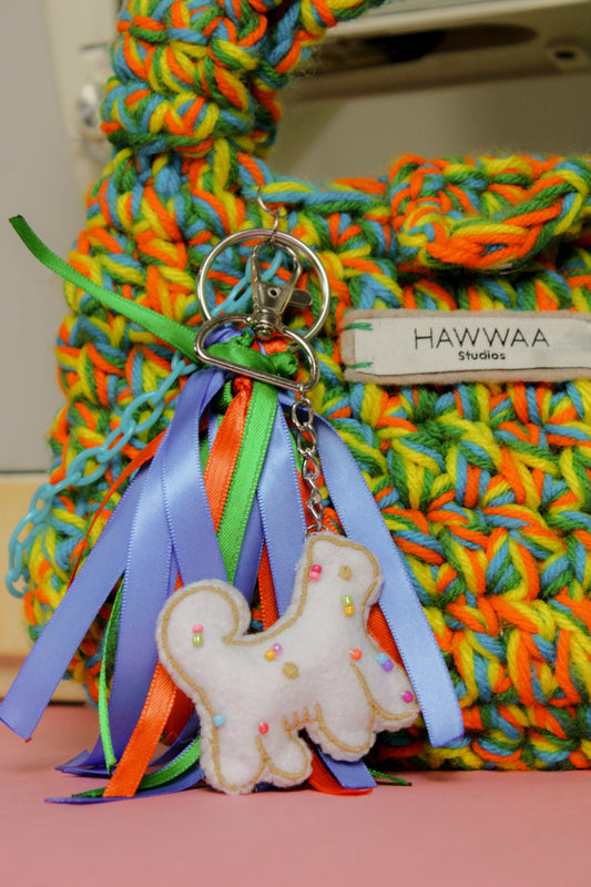 Frosted Animal Cracker Beaded Felt Bag Charm in White