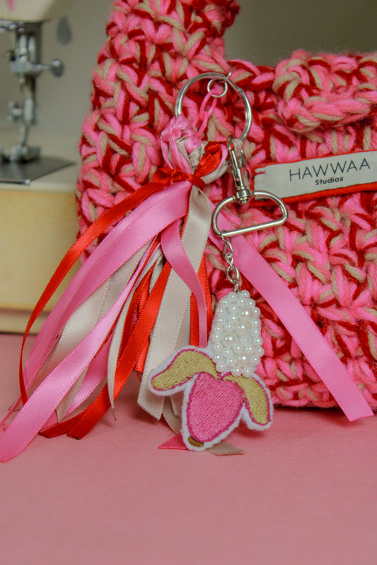 Embroidered Beaded Pearl Pink Banana Studio Bag Charm